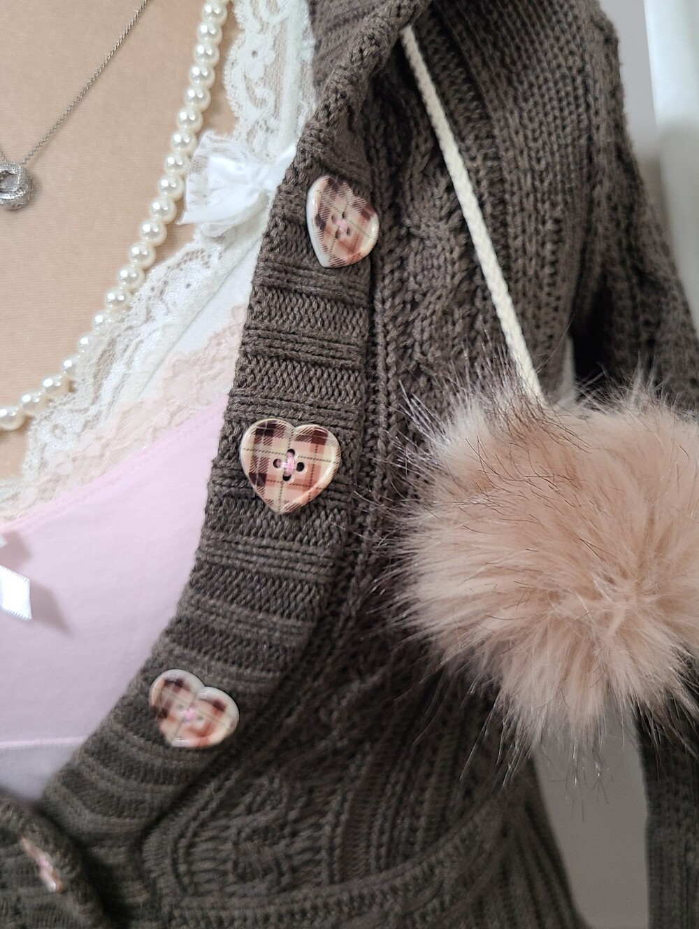 Vintage Abercrombie Brown Plaid Hearts Buttons Babydoll Sweater Furry Pom Poms - Picture 7 of 10